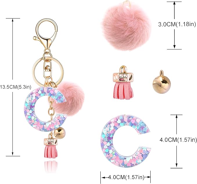 Resin Alphabet Initial Letter Keychain Keyring for Women Purse Handbags With Fur Ball Pom
