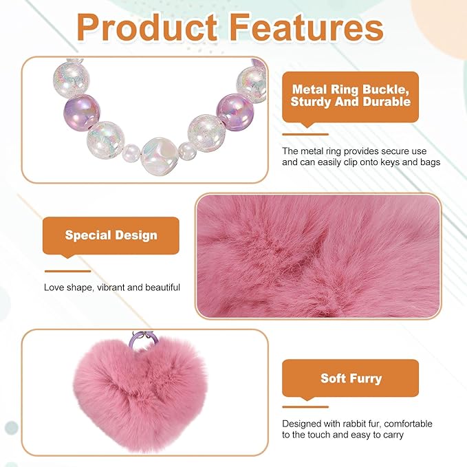 uxcell Heart Plush Keychain, Beaded Rabbit Hair Fur Pom Bag Charm Cute for Car Keyring, Bag Decorations, Handbag Buckle