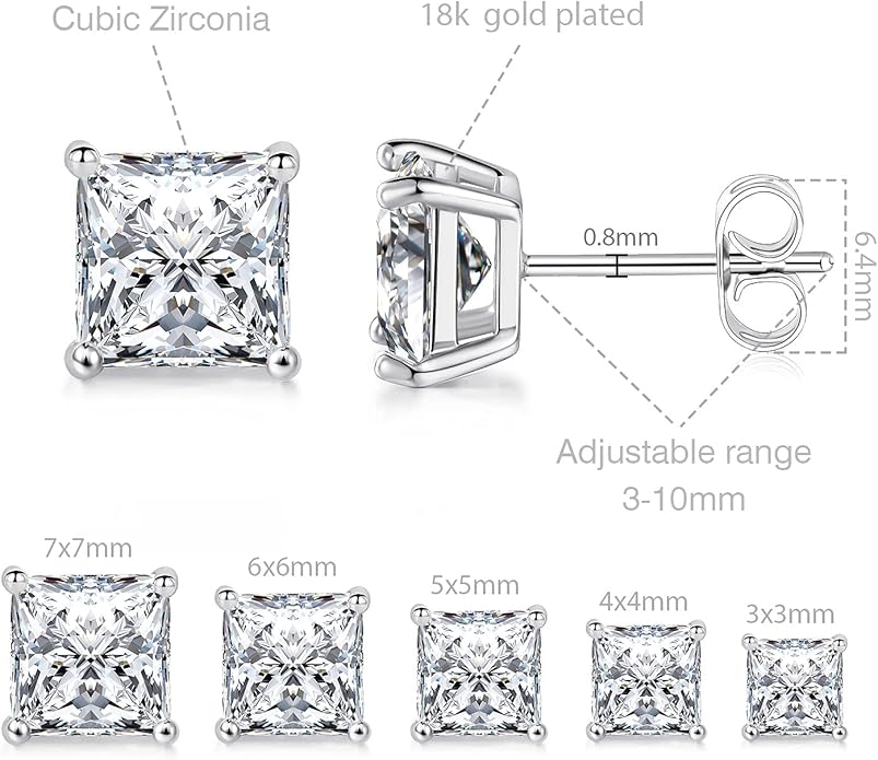 MDFUN 5 Pairs Square Earrings Set for Women Hypoallergenic 18K White Gold/Yellow Gold/Rose Gold Plated Princess Cut Clear Cubic Zirconia Stud Earring 3-7MM Pack of 5