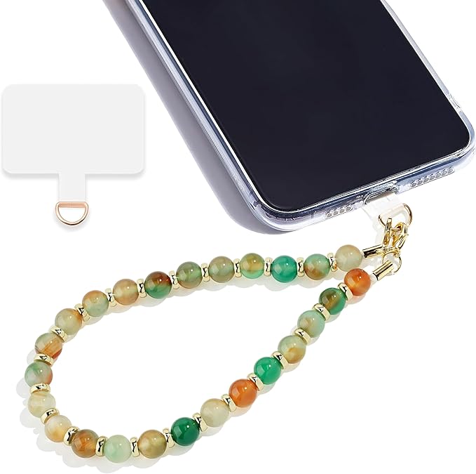 Marble Beaded Phone Wrist Strap,Detachable Phone Bracelet Strap with Tether Tab,Hands-Free Wristlet Strap (Green Peacock Agate)