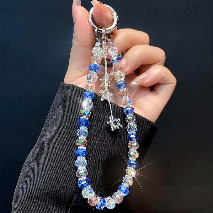 Zircon Star Pendant Crystal Beads Aesthetic Keychain Wristlet Purse Charms Bule Pink Glass Beads Car Key Chain Women Bag Charms Star Tassel Sparkly Bead Keychains Phone Charm Y2K Keychain Accessories