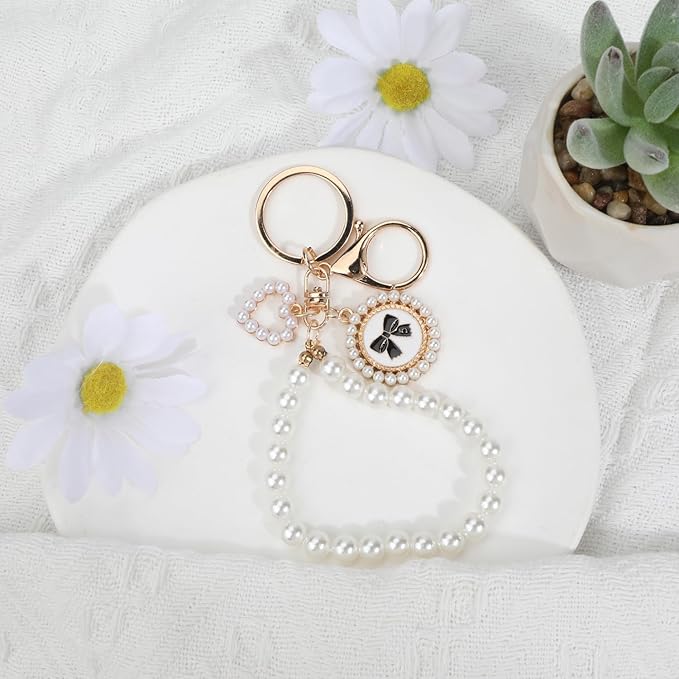 Pearl Keychain with White Bow,Beaded Wristlet Keychains Mother's Day Gift for Women Bow Key Charms