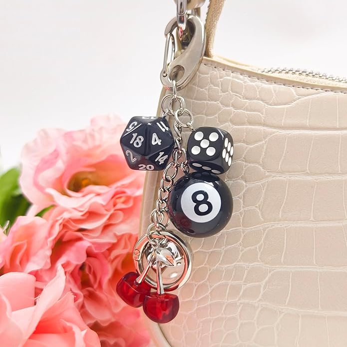 Y2K Keychain for Women, 8 Ball Dice Charm with Carabiner Clip - Cute Goth Core Keychain Bag Charm for Keys Bags Jeans