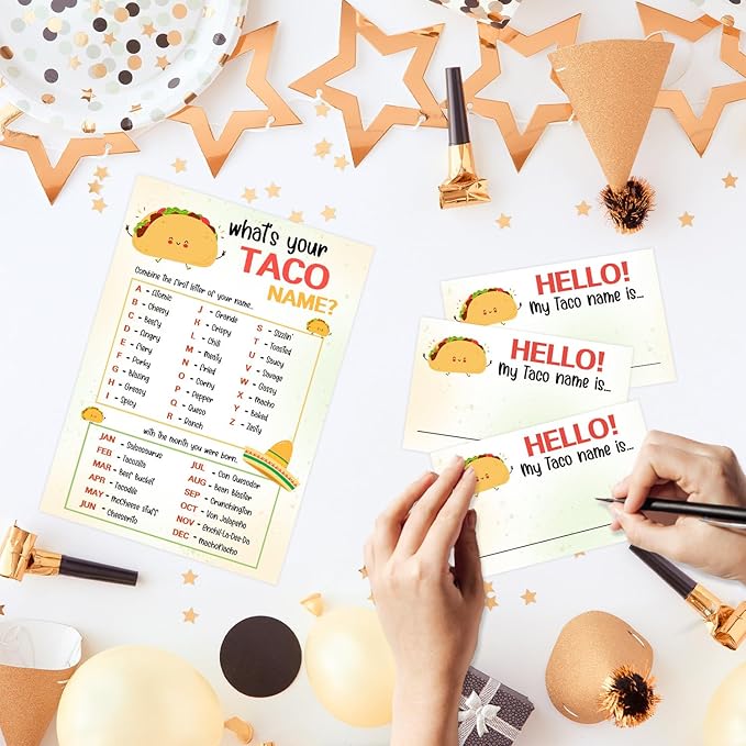 What is Your Taco Name Game Cards,Birthday Party Games for Kids and Adults, Taco Tuesday Party Supplies,1 Taco Name Game Double Sided Sign and 30 Taco Stickers,5x7 Inch