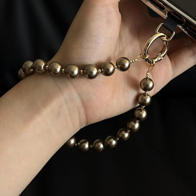 Beaded Phone Wrist Strap Phone Lanyard Pearl Beaded Hand Strap Wristlet Detachable Smartphone Wrist Lanyard (Coffee)