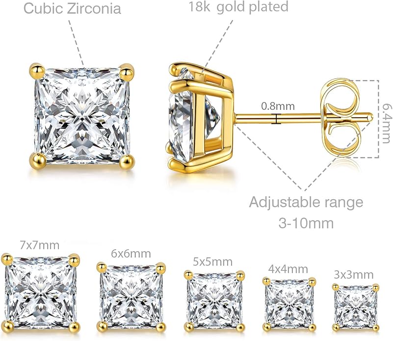 MDFUN 5 Pairs Square Earrings Set for Women Hypoallergenic 18K White Gold/Yellow Gold/Rose Gold Plated Princess Cut Clear Cubic Zirconia Stud Earring 3-7MM Pack of 5