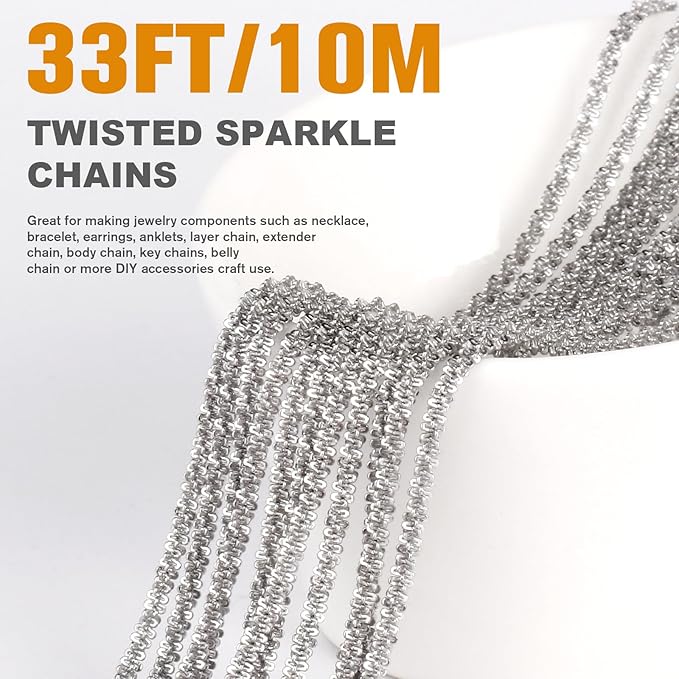 33 Feet Stainless Steel Sparkle Chains Roll, 2.5mm Width 304 Stainless Steel Dainty Twisted Singapore Chain Bulk Spool for Jewelry Making DIY Craft