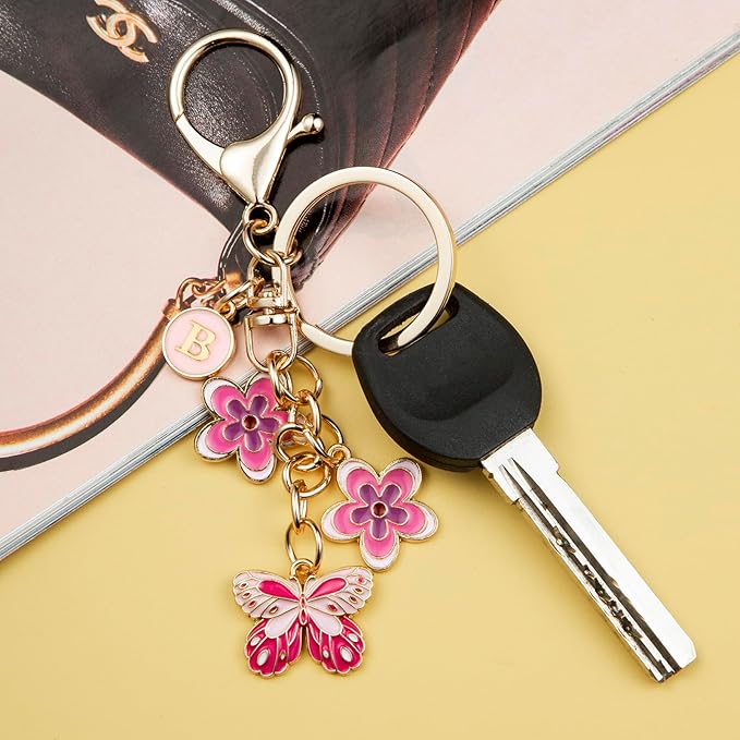 Pink Letter Keychain for Women Bag Charms Purse Charms Cute Stainless Steel Keychain Initial Letter Keys Charm Gifts