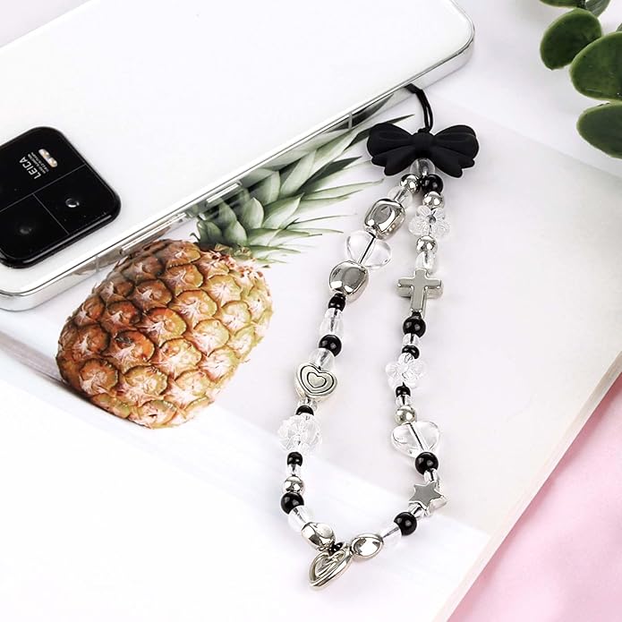 Draupnir 4pcs Phone Charms Strap, Butterfly Bow Camera Strap Wrist Beaded Phone Bracelet Wrist Straps, Pearl Bracelet Lanyard Keychain Charm for Women