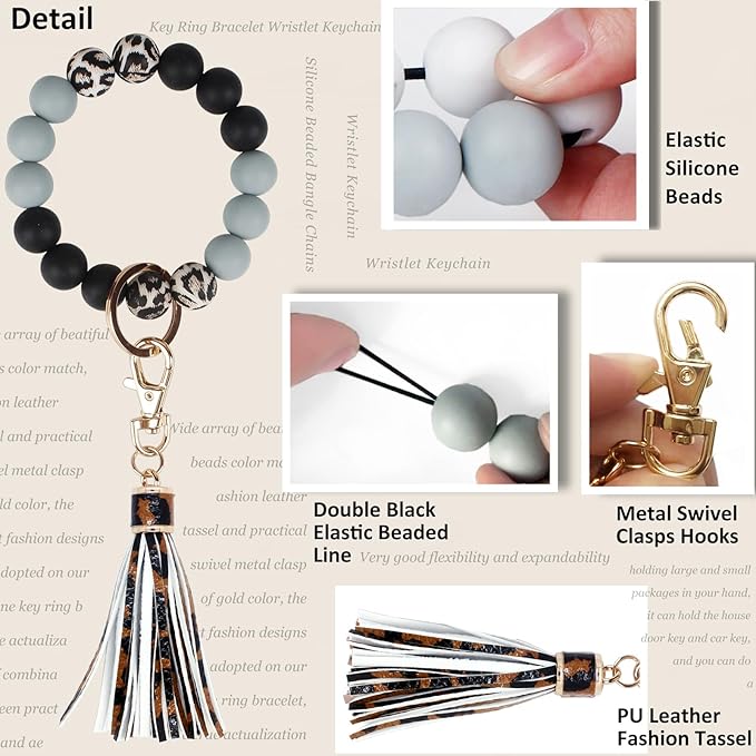 BIHRTC Key Ring Bracelet Car Keychain Holder Wristlet Silicone Women Beaded Bangle Chains