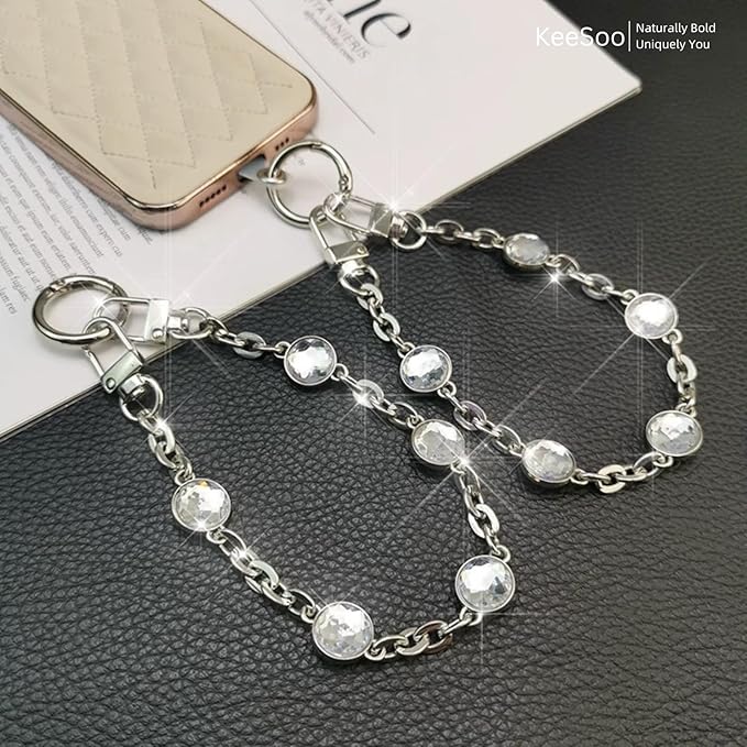 Original Pearl & Crystal Metal Vintage Phone Chain, Versatile with Premium Silver Metal Phone Tab (White Pearl)