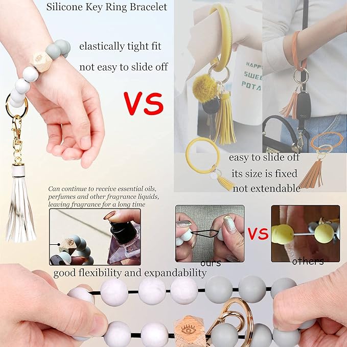 BIHRTC Key Ring Bracelet Car Keychain Holder Wristlet Silicone Women Beaded Bangle Chains