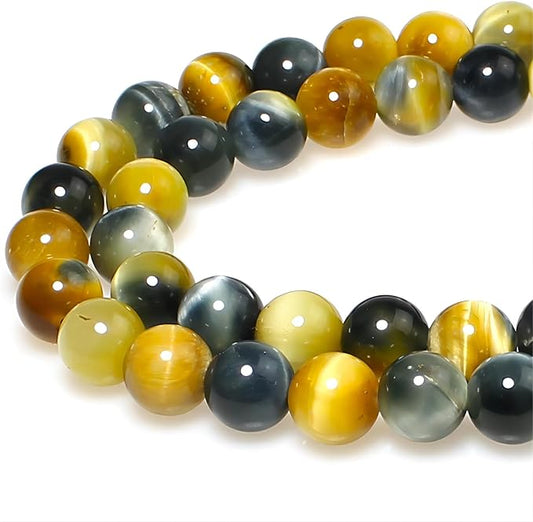 MJDCB Stone Beads 10mm 35pcs Round Yellow Blue Tiger's Eye Loose Gemstone Bead Charms for Jewelry Making Bracelet Necklace Earring Pendant