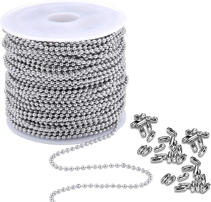 Cadikez Stainless Steel Ball Bead Chain [1.5mm/50Feet] Chains Spool with 30 PCS Connectors for Jewelry Making