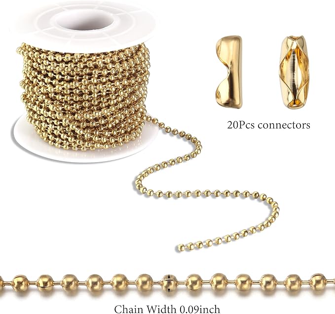 Topacket 33Feet Ball Bead Chain 18K Gold Stainless Steel Dog Tag Chain with Matching Connectors for Jewelry Making Necklace Hanging Bracelets Keychain(2.4mm)
