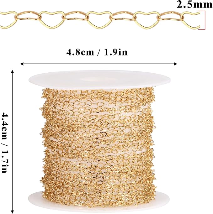 16.5FT Gold Heart Chains Roll, 2.5mm 18K Gold PVD Plated Stainless Steel Heart Link Chain Spool Bulk for Jewelry Making Necklace Bracelet