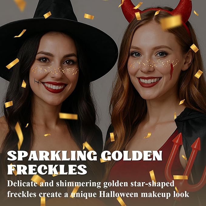 Aarovibe Gold Glitter Freckles Face Tattoo, 6pcs Fake Tattoos Sparkle Face Glitter, Waterproof Freckles Makeup Patches, Long-Lasting Sparkle for Festival Rave Concert Party Cosmetic Accessorie