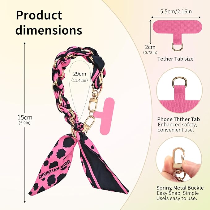 Fycyko Phone Wrist Strap with Gold Metal Scarf and Universal Tether Tab, Aesthetic Print Design Ribbon Chain, Multi-Purpose Accessories for Bag Key Cellphone for Men Women Girls-Hot Pink Leopard