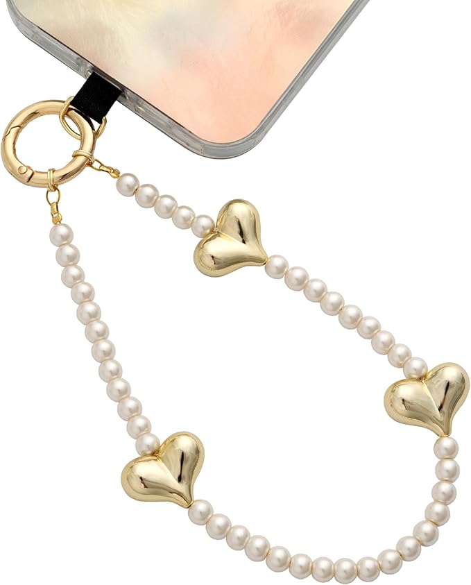 Beaded Phone Wrist Strap for Women Pearl Wristlet Strap Cute Phone Lanyard Golden Heart Shaped Bead Cellphone Chain (Pearl White)