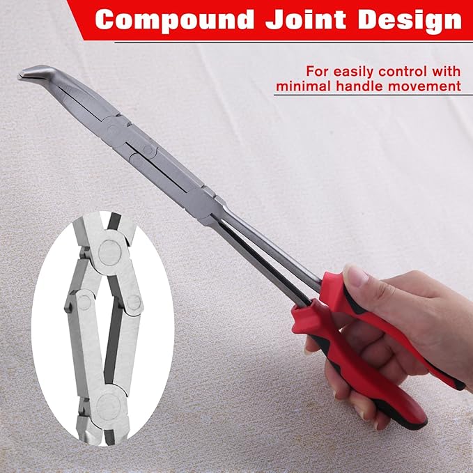Long Reach 90 Degree Bent Nose Pliers 13-Inch Dual Pivot Double Joint Serrated Jaw Angled Needle Nose Extra Extended for Narrow Spaces and Limited Areas