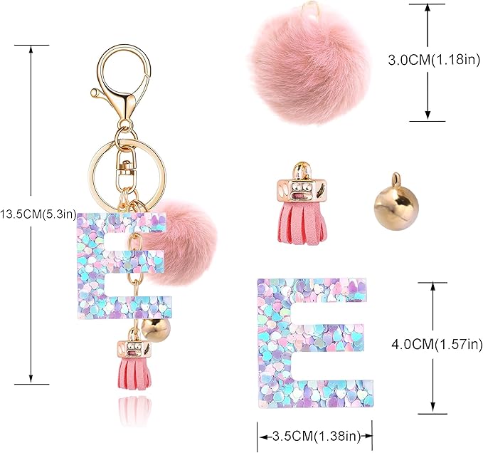 Resin Alphabet Initial Letter Keychain Keyring for Women Purse Handbags With Fur Ball Pom