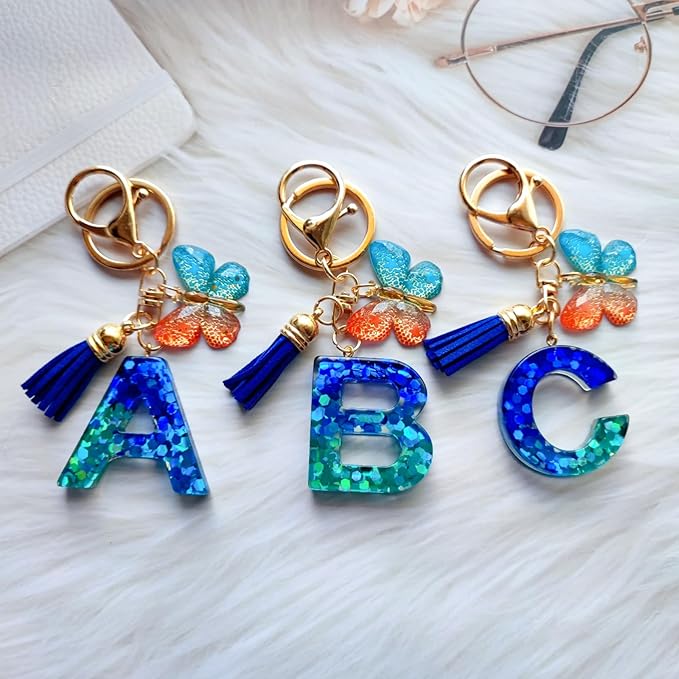 Cute Initial Letter Keychains for Women Girls Tassel Butterfly Pink Purple Green Keychain for Backpack School Bag
