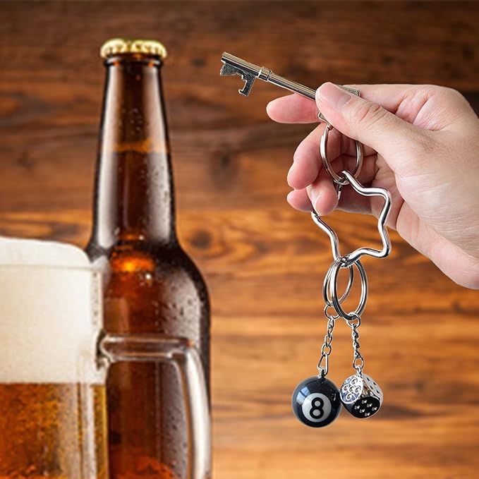 8 Ball Keychain Silver Star Key Chain Bottle Opener Dice Cute Bag Charm Decor for Handbag Backpack Gift for Him Her
