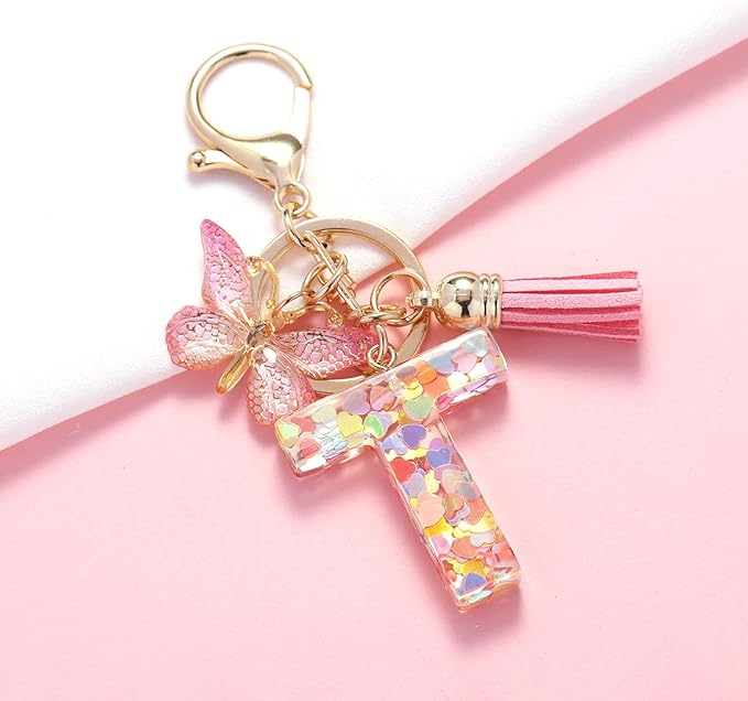 Fashion Alphabet Initial Letter Keychain Tassel Butterfly Pendant Key Ring for Purse Handbags Women Girl