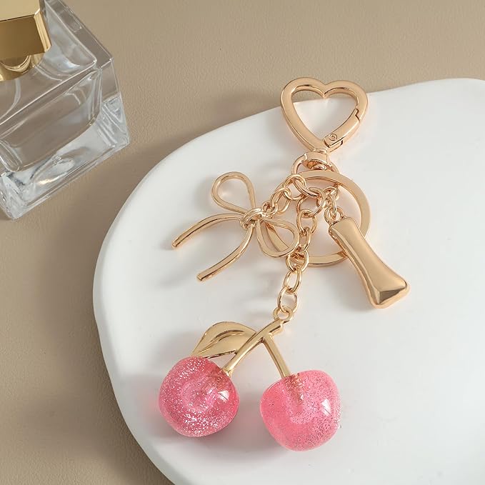 Snycler Bubble Initial Keychain with Cherry & Bow - Gold Letter Bag Charms for Women, Cute Purse Handbag Accessories