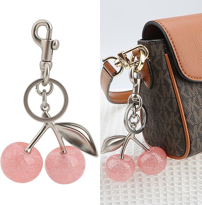 Cherry Keychain for Purse - Resin Alloy Silver Cherry Bag Charm，Cute Fruit Accessory for Women/Gift/Home/Car