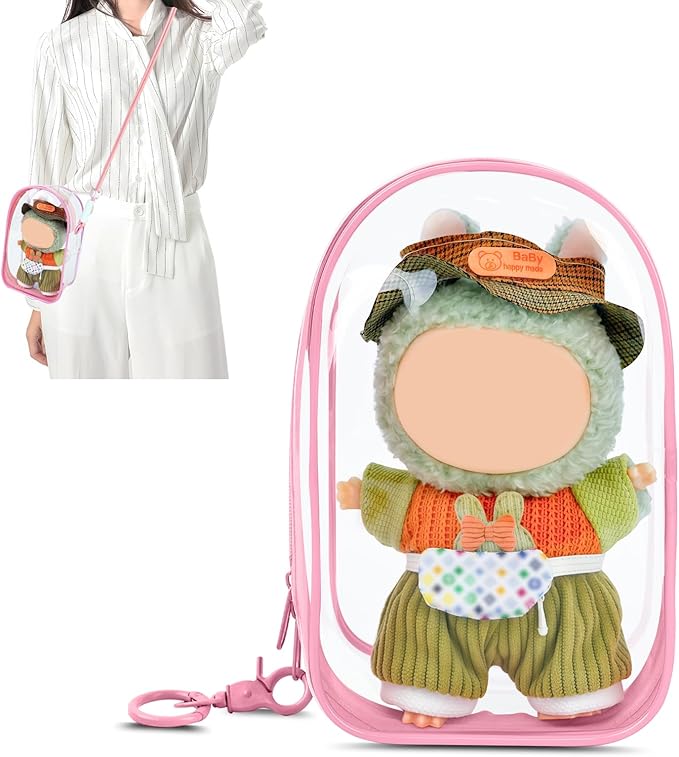 Large Clear Figure Display Bag with Keychain Case Blind Box Keychain Carrying Case, Portable Small Doll Storage Pouches PVC Bag (Pink Standing)