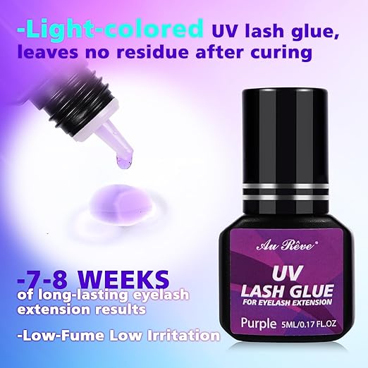 UV Eyelash Glue UV Glue 5ml DIY Lash Extensions 1 Sec Light Curing Fast-Drying 7-8 Weeks Long Lasting Waterproof Professional Use Only (Purple)
