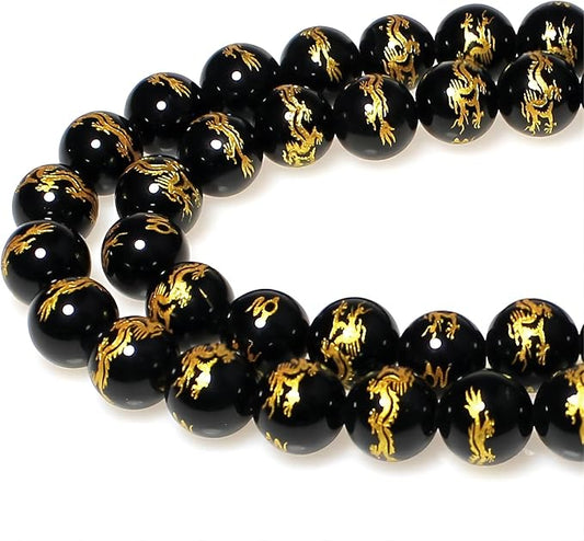 MJDCB Natural Stone Beads 10mm 35pcs Round Black Onyx Carved Dragon Loose Gemstone Bead Charms for Jewelry Making Bracelet Necklace Earring Pendant