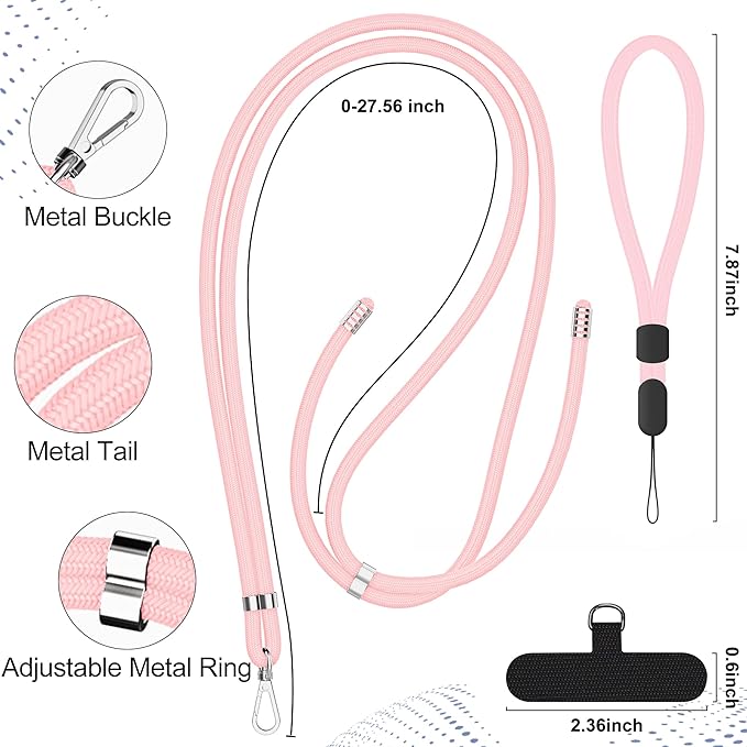 takyu Phone Lanyard, 2 Pack Adjustable Cell Phone Lanyard Crossbody Neck Strap & 2 Pack Phone Wrist Strap with Tether Tabs Compatible for iPhone Android Smartphones-Black LPink