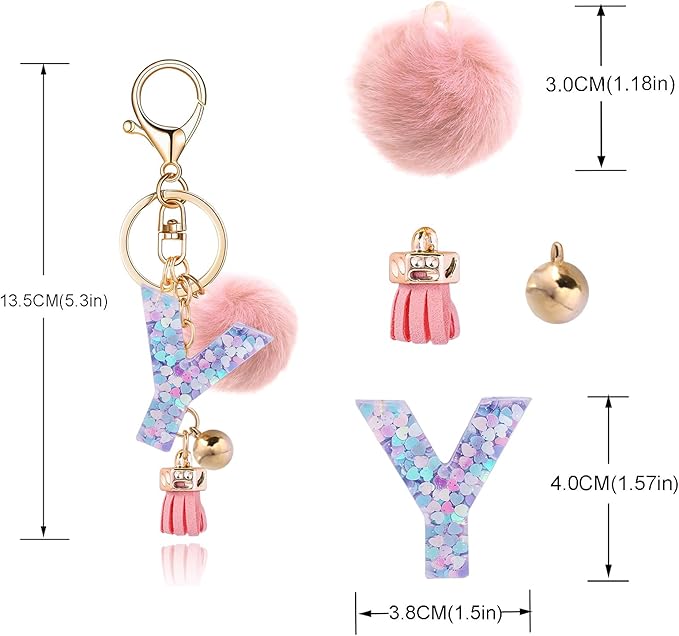 Resin Alphabet Initial Letter Keychain Keyring for Women Purse Handbags With Fur Ball Pom