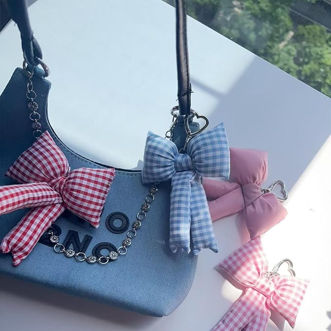 Pink Bow Keychain Bag Charms Y2K Bowknot Plaid Keychains Coquette Aesthetic Purse Handbag Backpacks Charms