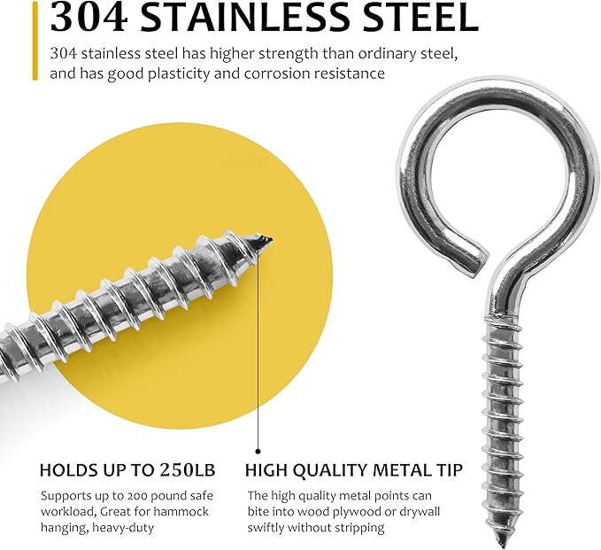 24 Pcs Screws Eye Hooks 2.56 Inch 304 Stainless Steel Heavy Duty Eye Hooks Screw,m5 Screw Eye,Rust and Corrosion Resistant,Load Bearing 200LB,Indoor & Outdoor Use (24)