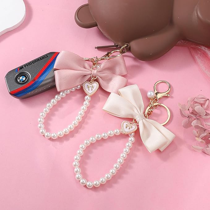 2Pcs Cute Bow Keychain for Women,Purse Charms Bow Bag Charms for Handbag, Pearl Keychain Accessories for Car