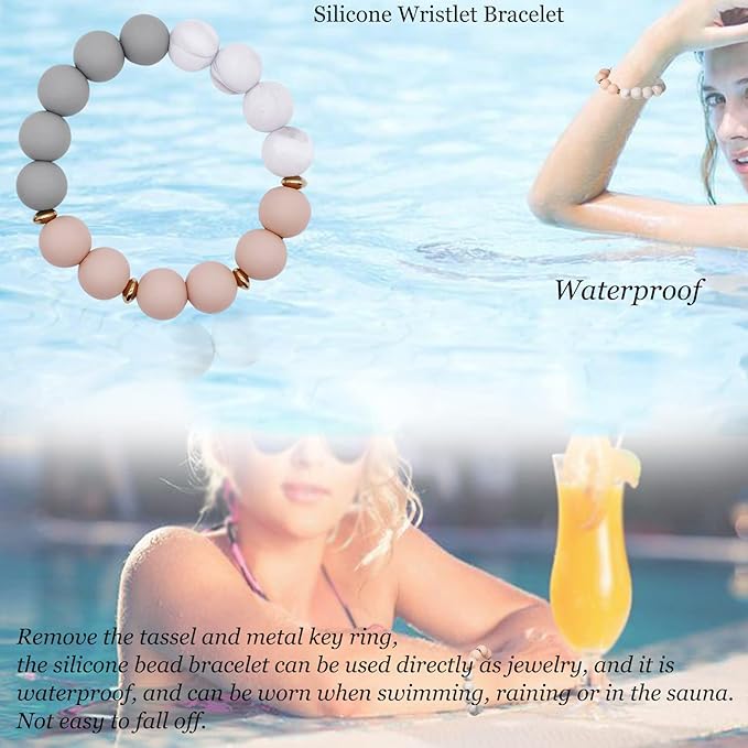 BIHRTC Key Ring Bracelet Car Keychain Holder Wristlet Silicone Women Beaded Bangle Chains