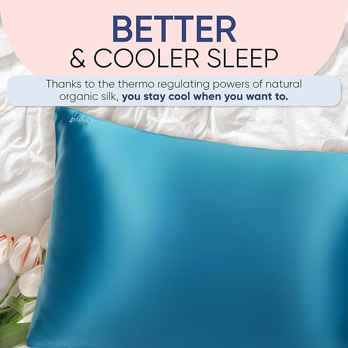 Blissy Silk Pillowcase - 100% Pure Mulberry Silk - 22 Momme 6A High-Grade Fibers - Silk Pillow Cover for Hair & Skin - Regular, Queen & King (Aqua, Standard)