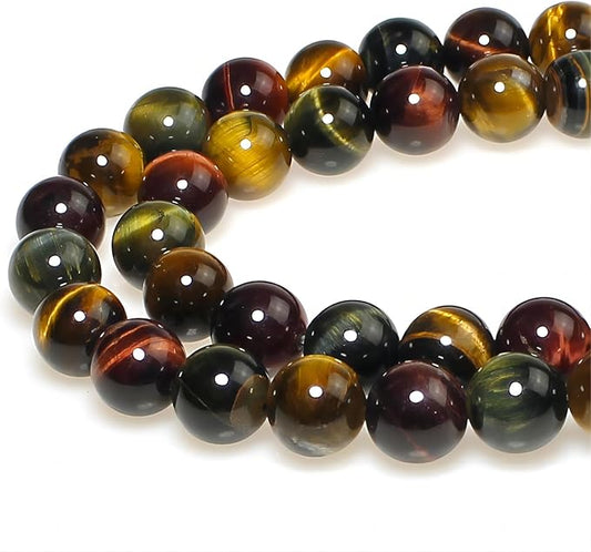 MJDCB Natural Stone Beads 8mm 43pcs Round Three Color Tiger's Eye Loose Gemstone Bead Charms for Jewelry Making Bracelet Necklace Earring Pendant