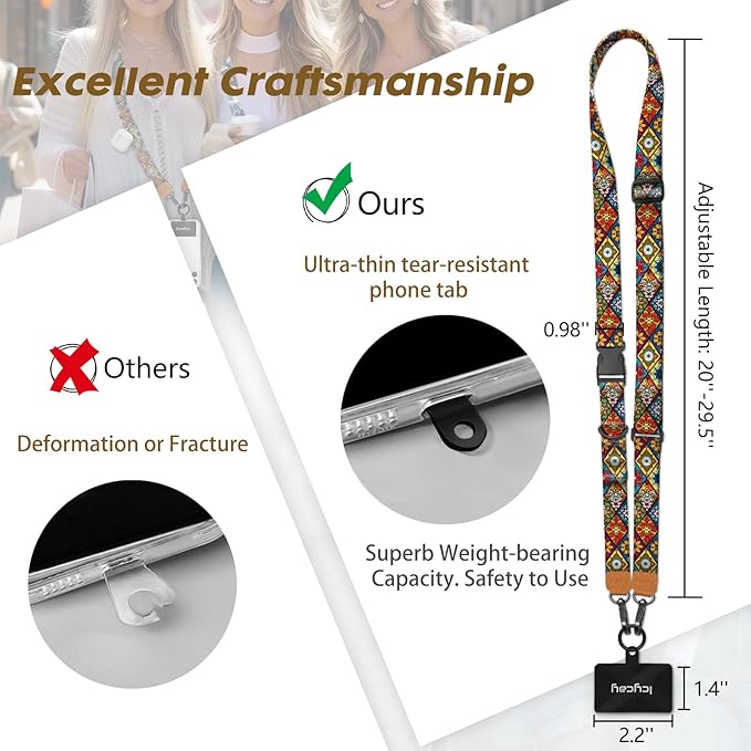 Phone Lanyard Crossbody, Boho Cell Phone Lanyard for Around The Neck Adjustable Phone Strap, Anti Theft Cute Lanyard for iPhone Case ID Holder Keys Phone Accessories Travel Essential