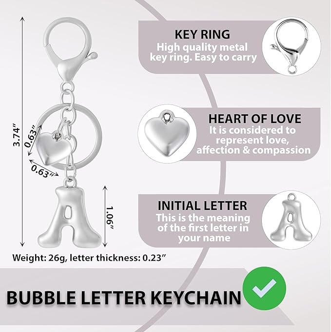 Heart Bubble Letter Keychain for Women, Girls - Cute Keychain with Initial - Alphabet Keychain for Bag Charm, Handbag