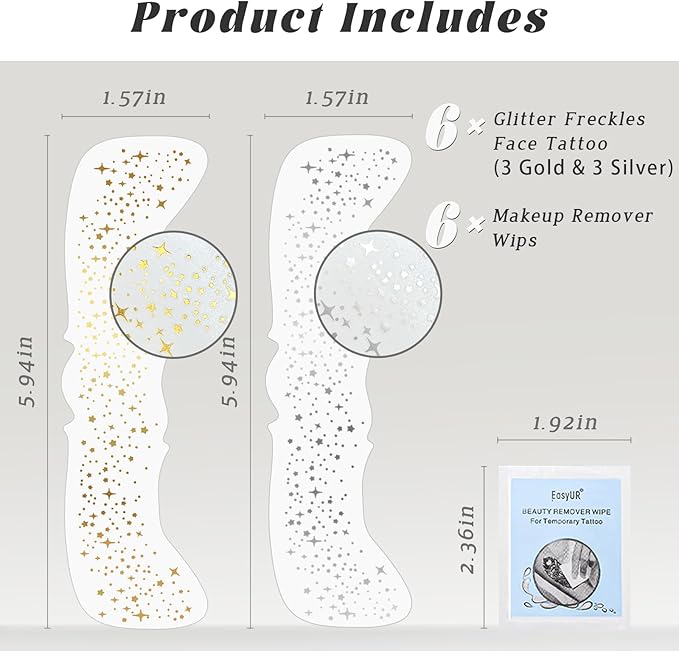 HOSAILY 6 PCS Glitter Freckles Face Tattoo, Gold&Silver Waterproof Face Sparkle Glitter Speckles Patches for Women, Cute Star Metallic Glitter Temporary Tattoo Makeup Accessories for Festival #Set A