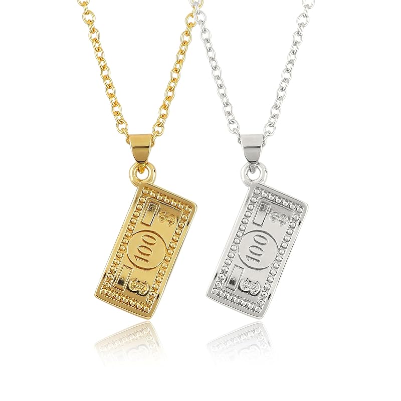 JOR Doller Note Charm Pendant Necklace, Money Catcher, Men & Women Unisex Jewelry, Dainty Gold & Silver Plated Combo Chain 18 inch (Pack of 2)