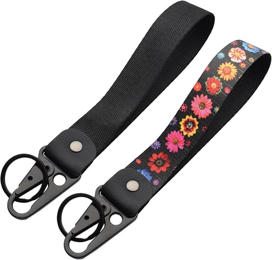 2 Pcs Classic Black & Floral Keychain Wristlet Lanyard for Women couples, Flower Wristlet Strap for Keys Hands-Free Wearable