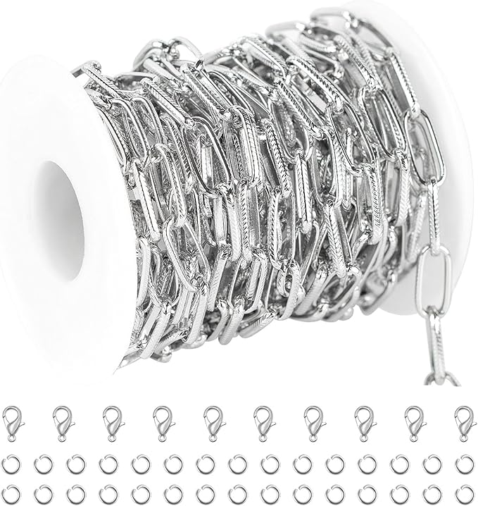 16ft/5m Aluminum Jewelry Chains Bulk Embossed Paperclip Jewelry Making Chains Oval Link Chain Roll with Jump Rings and Lobster Clasps