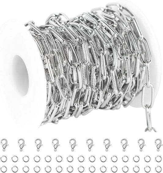 16ft/5m Aluminum Jewelry Chains Bulk Embossed Paperclip Jewelry Making Chains Oval Link Chain Roll with Jump Rings and Lobster Clasps
