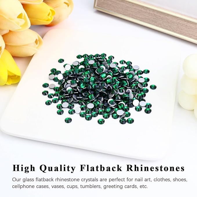 1440PCS SS4 Crystal Glass Flatback Rhinestones, Round Flat Back Crystal Gems for Nail Art and Craft Clothes, Glue Fix Diamond Stones Emerald/Dark Green (1.5-1.7mm)
