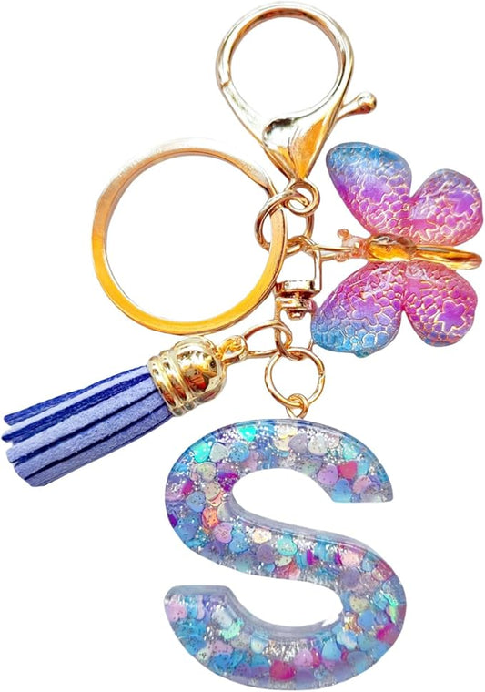 Cute Initial Letter Keychains for Women Girls Tassel Butterfly Pink Purple Green Keychain for Backpack School Bag